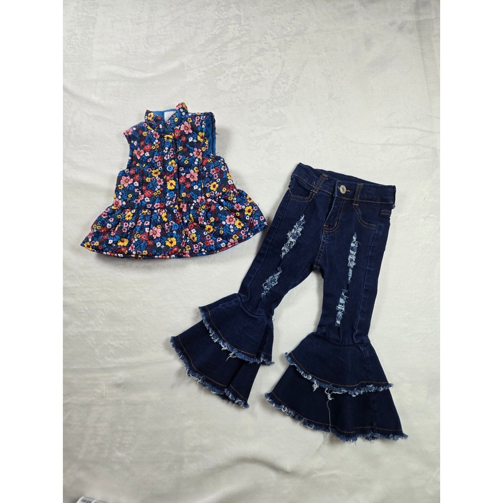 Baby Essentials Floral Quilted Vest and Distressed Bell Bottom Jeans Set 6-12M